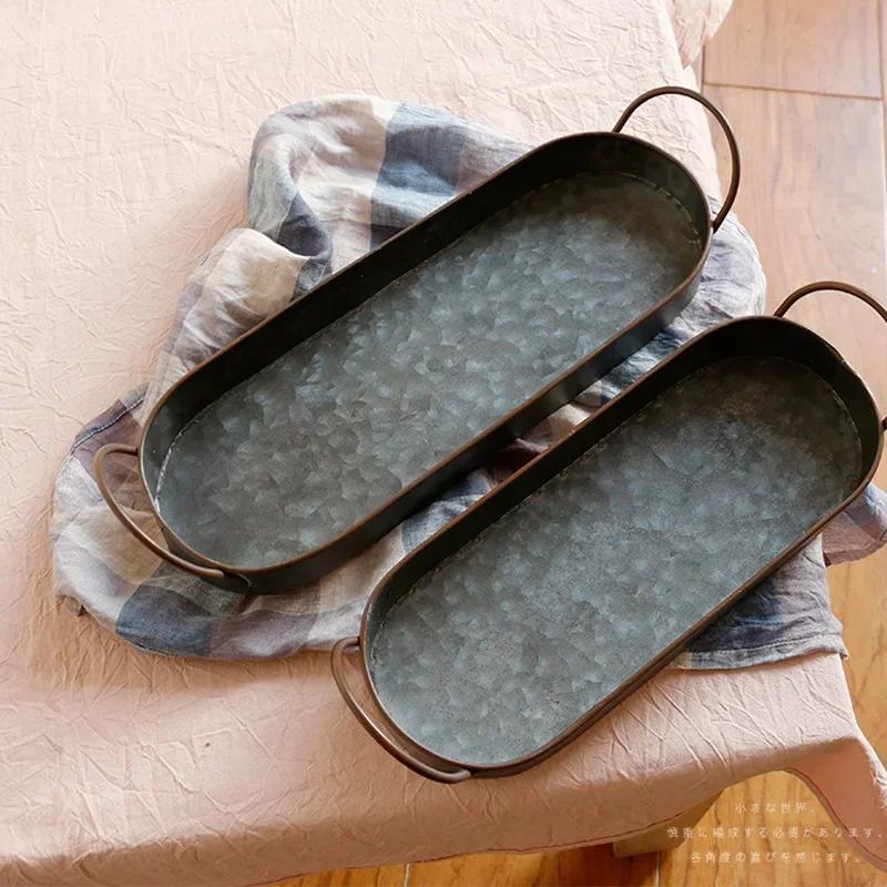 Ellipse Iron Plate Retro and Vintage Iron Tray Bread Dessert Delicious Food Photography Props Metal Storage Tray Serving Plate