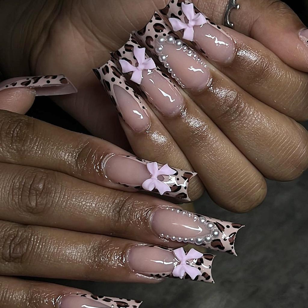 24Pcs Leopard Print Press On Nails With Bow Rhinestone Long Square French Fake Nail Tips