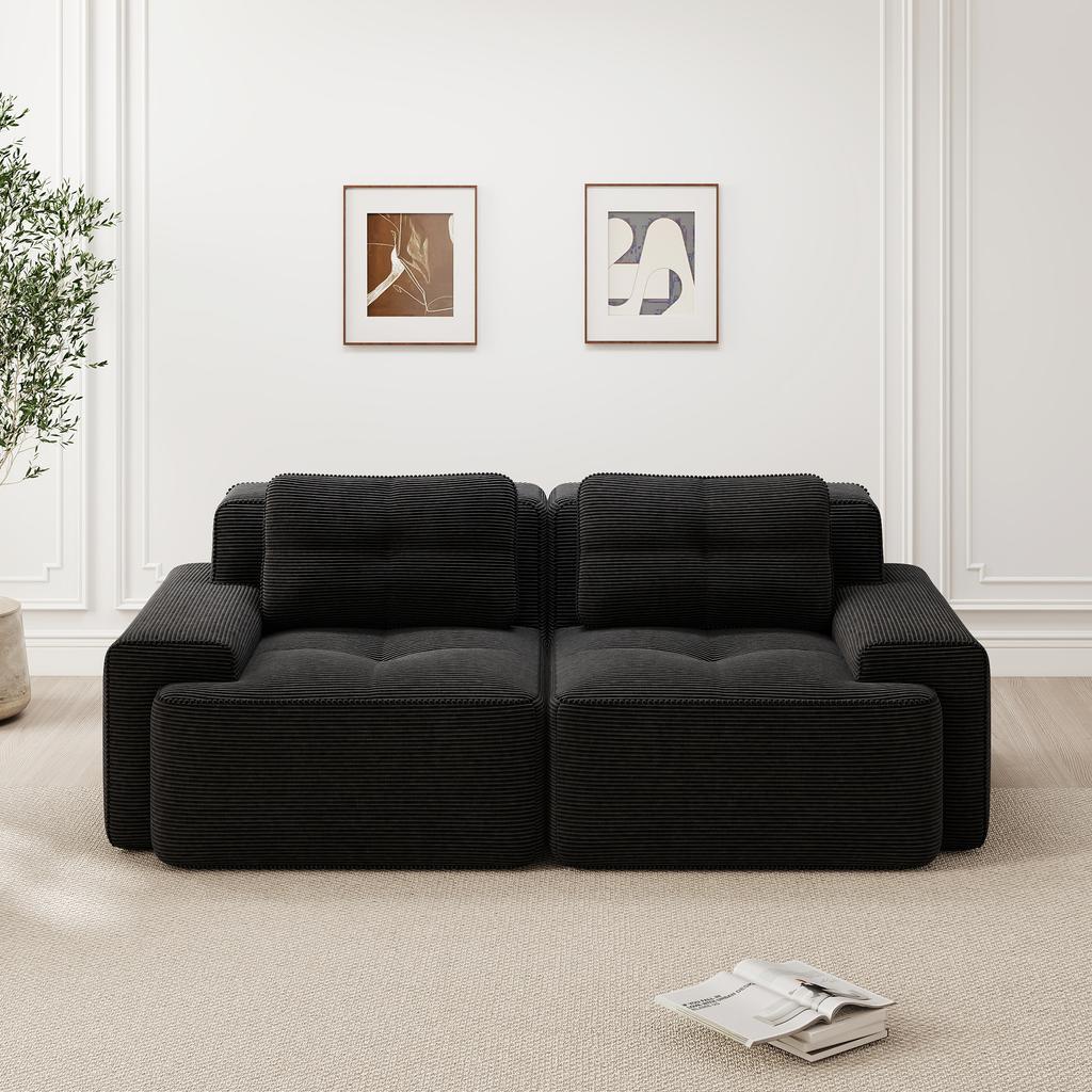Modulares Sofas ohne Armlehnen, Modernes Wohnzimmersofa mit tiefer Sitzfläche, Bequemes Cord-Wolkensofa, Zweisitzer Kleines Sofa, Schlafsofa, Schwarz