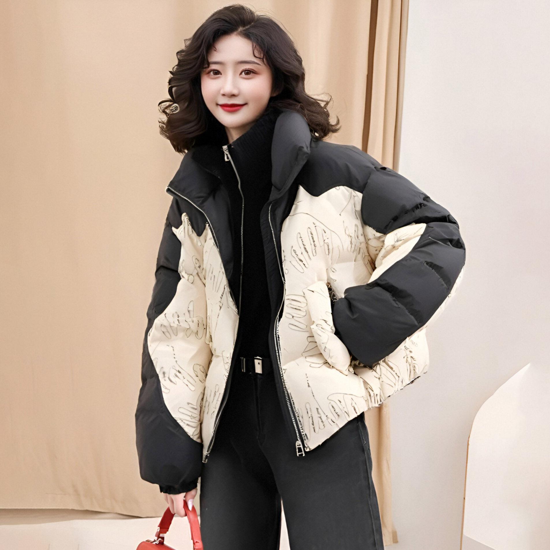 

Короткая женская куртка-пуховик из толстого белого утиного пуха с воротником-стойкой, цветная блокированная куртка-пуховик S чёрный