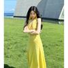 Yellow Plaid Suspender Dress V-neck Neck Waist Long Dress Summer Spice Girl Design Sense Summer New Models Look Thin