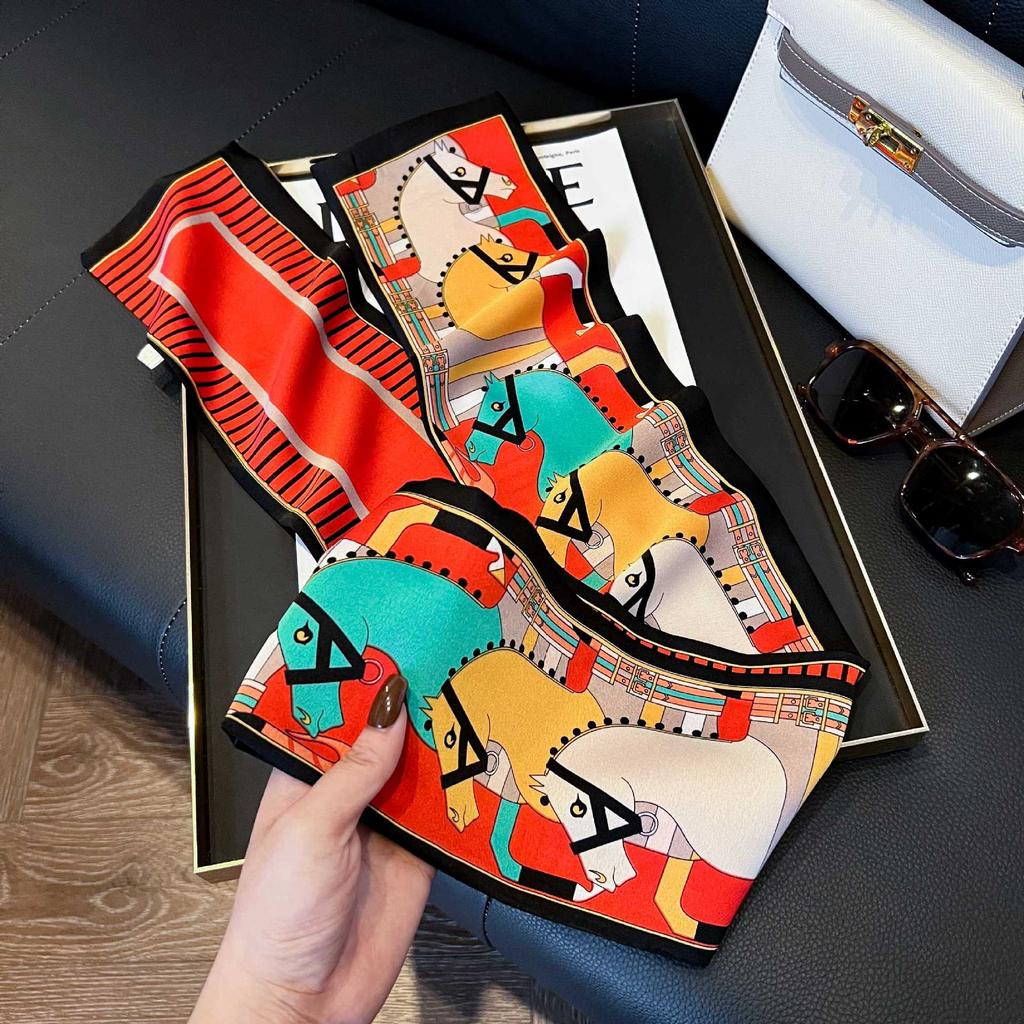 Long Silk Scarf Women's New Small Silk Scarf Printing Simulation Silk Tied Bag Streamer Explosion Sweet Little Scarf
