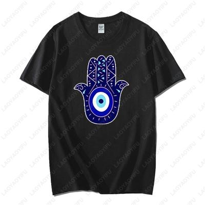 Men Women Hamsa Hand TShirt with Blue Eye of Protection Design Tee Unique Creative Graphic Print Cotton Casual Unisex Tops Gift