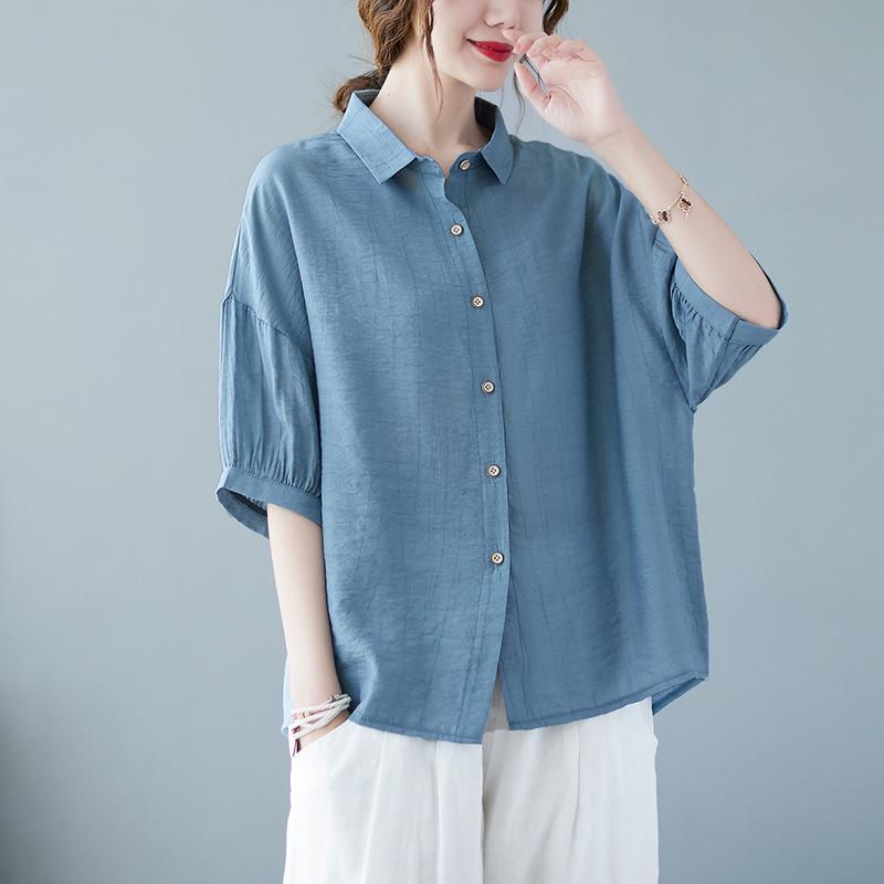 

Летняя женская литературная хлопково-льняная рубашка больших размеров, свободные однотонные топы с короткими рукавами L синий