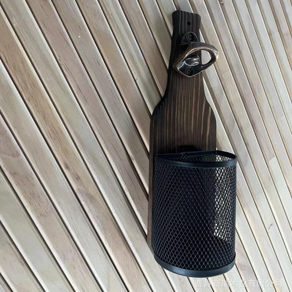 Wooden Wall Mounted Beer Opener With Cap Catcher For Bar Kitchen Decor