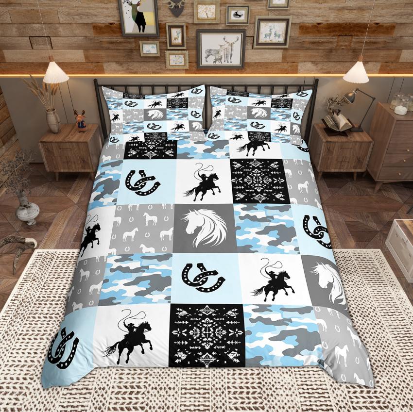 

Comforter Homewish Western Cowboy Rustic Farmhouse Bedding Set Horseshoes Plaid Set Bedroom Decor Comforter (quilt)-EU Single(135*200cm)3pcs