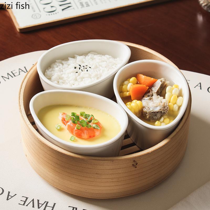 White Ceramic Steaming Bowl with Cover Steamed Egg Bowl Dessert Bowls Dining Plate Stewed Bowls Fruit Plate Dim Sum Dish Tray