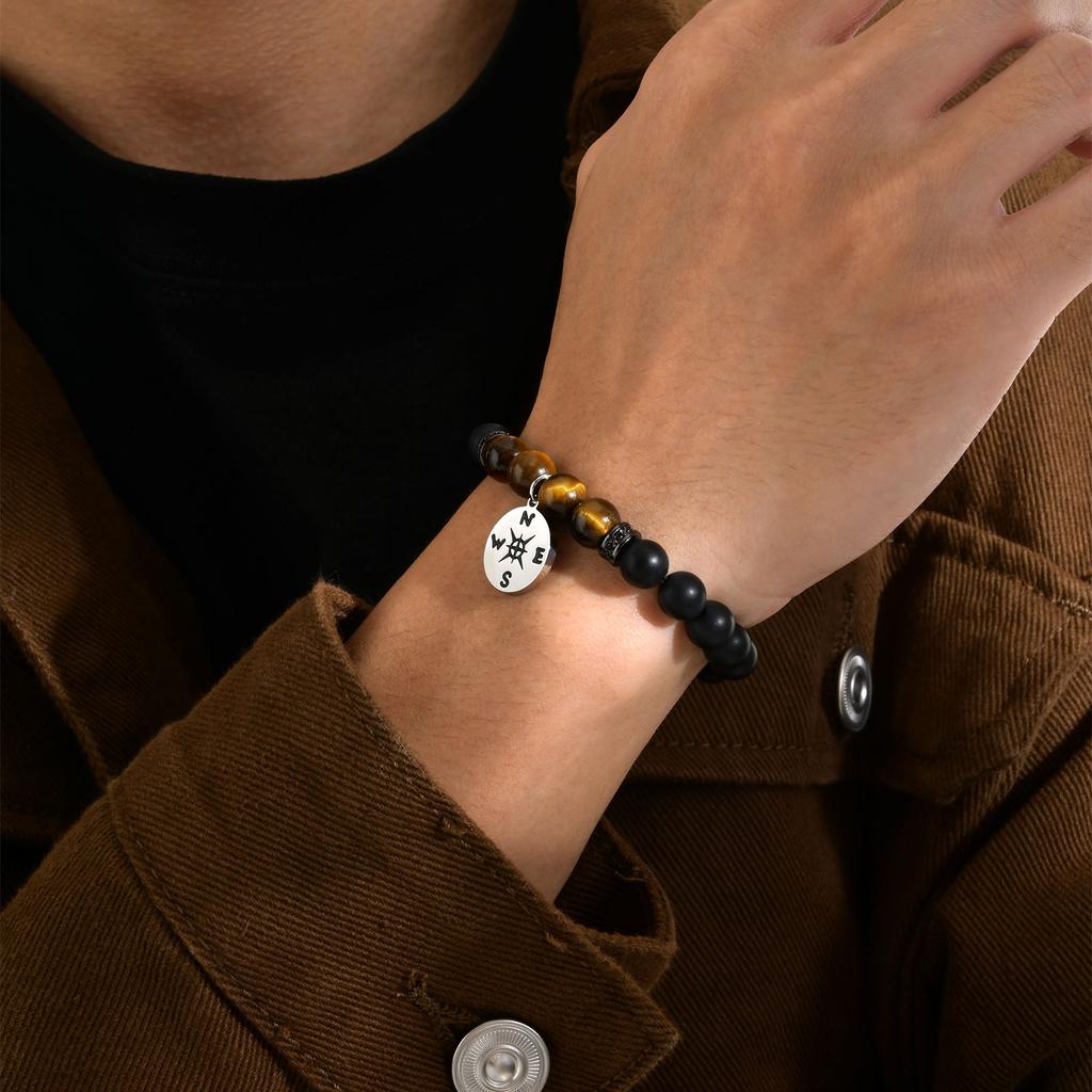 Mprainbow Stylish Compass Beaded Bracelets for Men Boys,Adjustable Tiger Eye Stone Black Brown Beaded Wristband,Birthday Gift