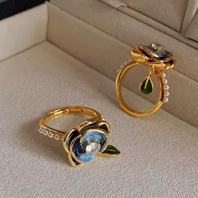 New Chinese Enamel Drop Glaze Camellia Pearl Ring Niche Design Light Luxury Open Ring
