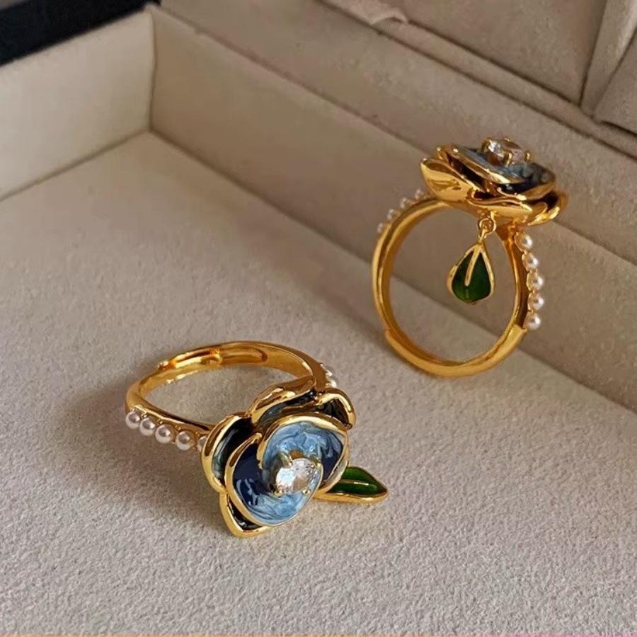 New Chinese Enamel Drop Glaze Camellia Pearl Ring Niche Design Light Luxury Open Ring