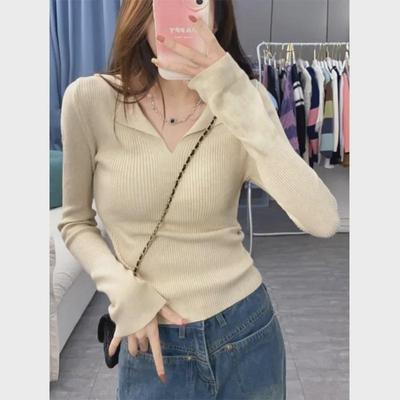 Milk Apricot V-Neck Knitted Sweater for Women - Spring Slim Fit 2025, Sweet & Spicy Polo Neck, Long-Sleeved Top, Bottoming Shirt