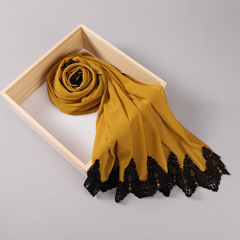 New Pearl Chiffon Malaysia Fashion Black Lace Scarves Muslim Shawl Plain Soft Turban Head Wraps Headband