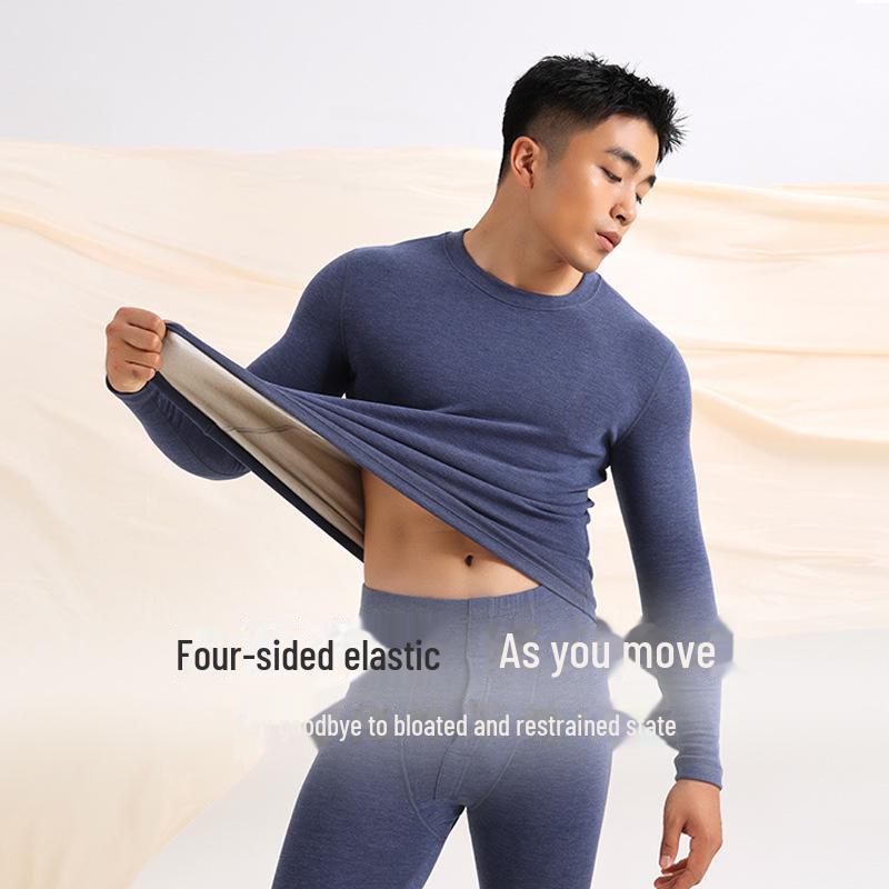 Ensemble de sous-vêtements thermiques en cachemire et soie pour homme de classe A: Haut et bas à col rond ajusté, plus velours pour plus de chaleur en automne/hiver.