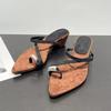 Sheepskin~ Pointed Open-toed Sandals Women's Summer Wear Retro Leather Cover Toes with Thick Heels and Cold Slippers