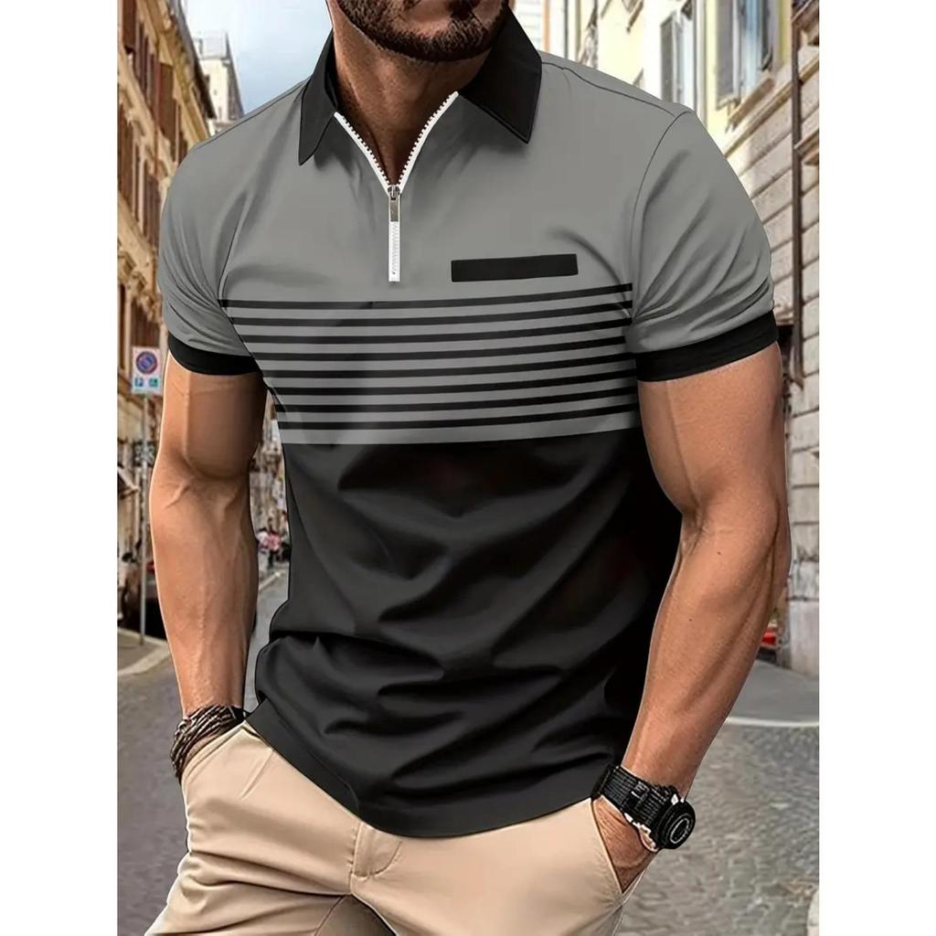 New Striped Printed Short Sleeve Top Men's Casual Lapel Zip Polo Shirt Polo