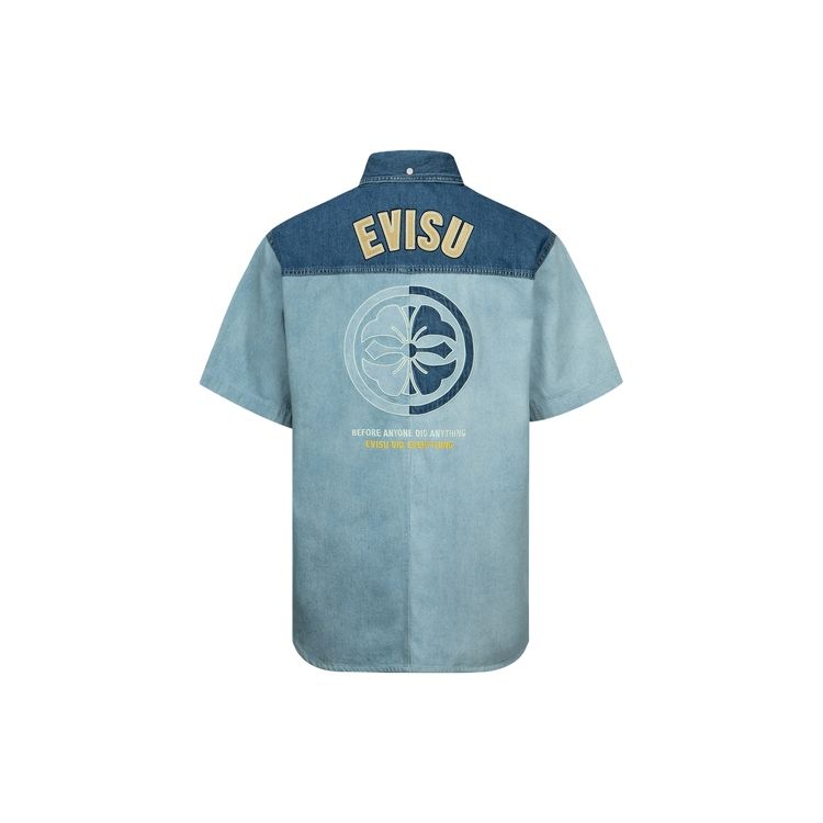 Evisu Patchwork Logo Printed Floral Short Sleeve Shirt Men shirts Denim-Blue 2ESHTM3SS118LFDN