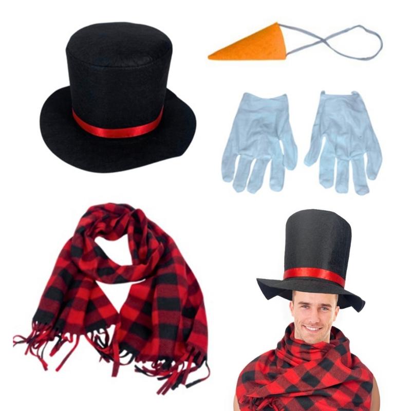 4 st Vinter Frostig Kostym Snögubbe Kit Cylinderhatt Näsa Halsduk Handskar Jultillbehör för Cosplay-kostym