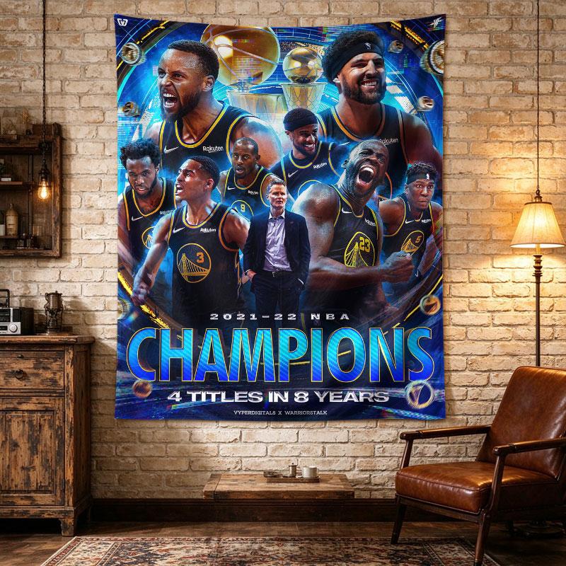 Golden State Warriors 2022 Champions Poster Blue Neon Trophy Curry Team Glow