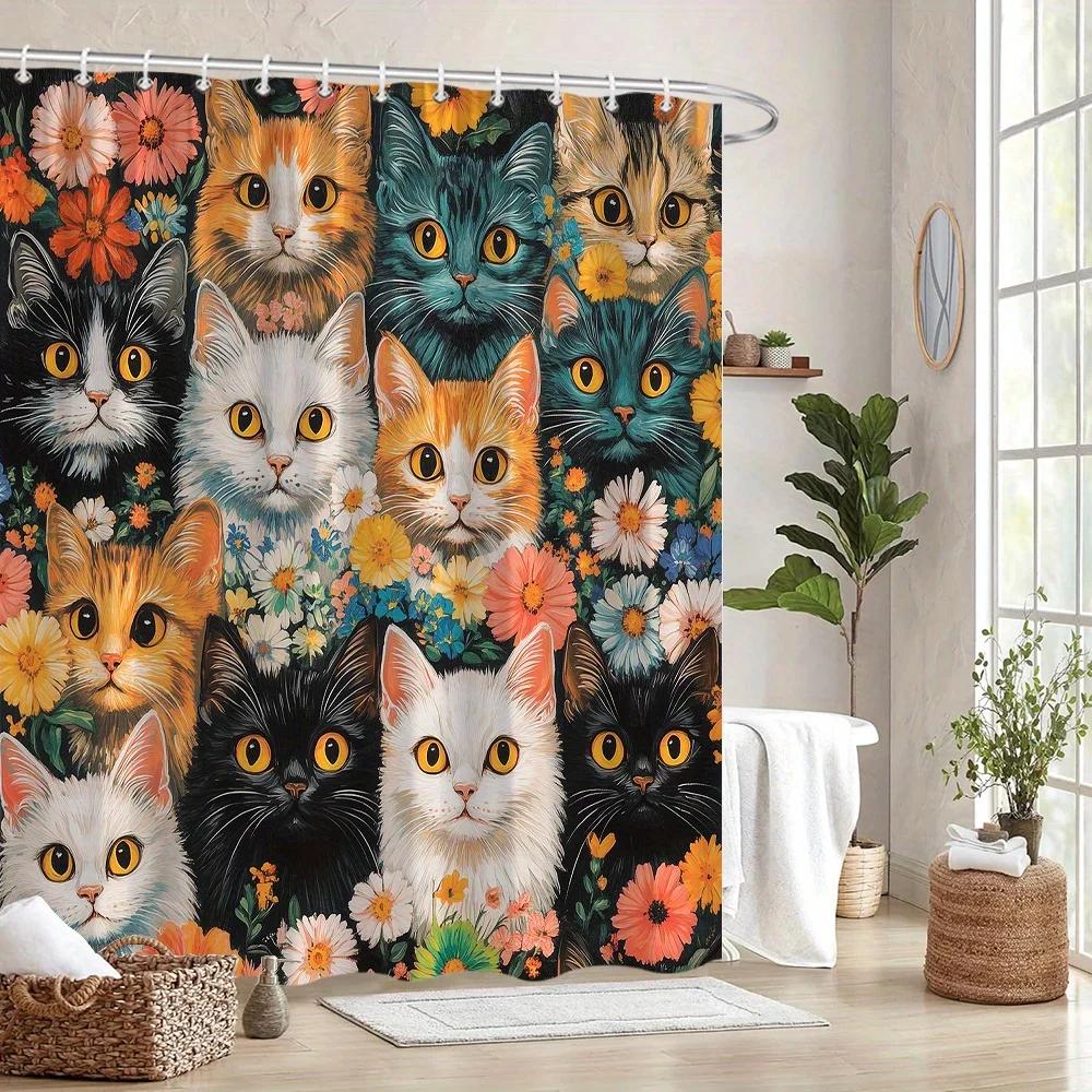 Playful Cats with Flowers Shower Curtain, Vibrant Floral Design, Whimsical Black Orange White Grey Cats, 12 Hooks, Polyester