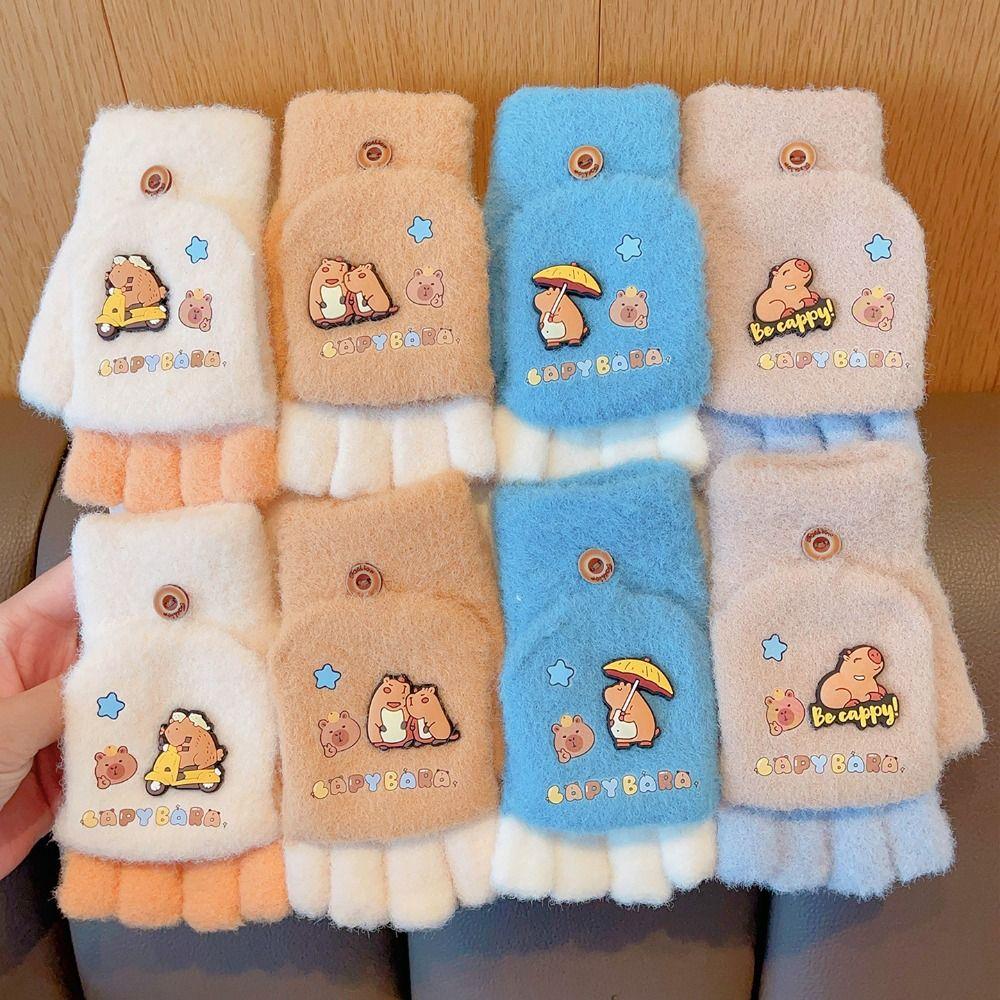 Cold-Proof Capybara Winter Flip Gloves Thickened Kids Knitted Mitten Half Finger Gloves Writing