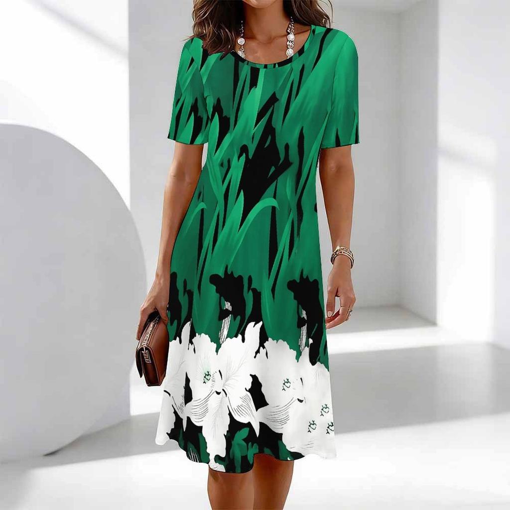 Women's Fashion Graceful Beautiful  Flower Print Summer Spring Short Sleeve O-Neck Casual Dresses