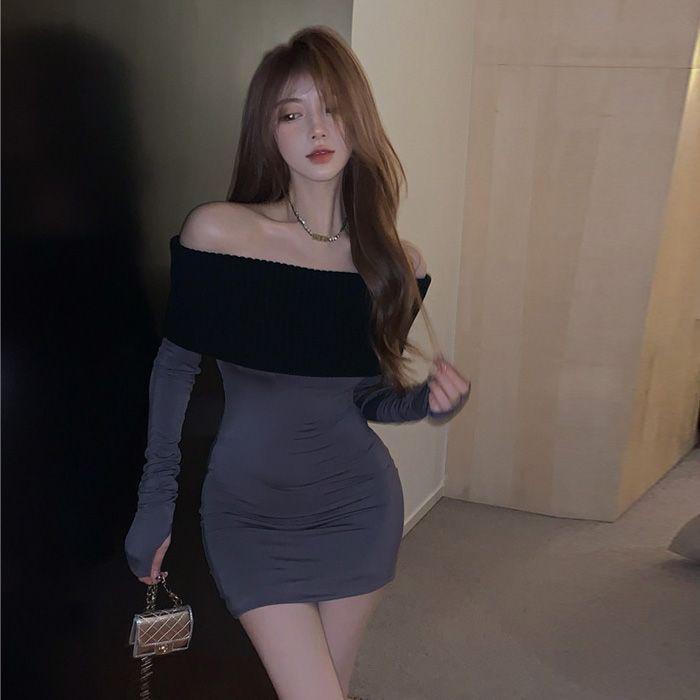 Sexy Spicy Girl Off-shoulder Long-sleeve Dress, New Spring Slimming Slimming Niche Hip-hugging Short Skirt