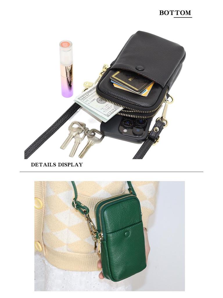 2025 Women's Genuine Leather Phone Bag: Korean Style, Double Zipper, Vertical Shoulder Square Bag
