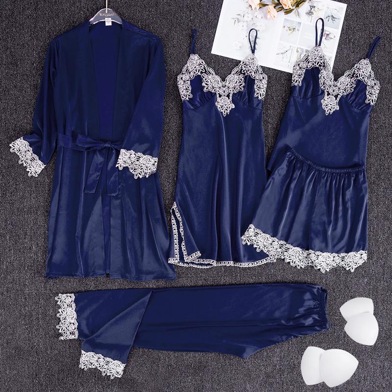Yao Ting Satin Chiffon Five-Piece Pajama Set: Ice Silk, Casual, Sexy, with Chest Pads for Spring/Summer