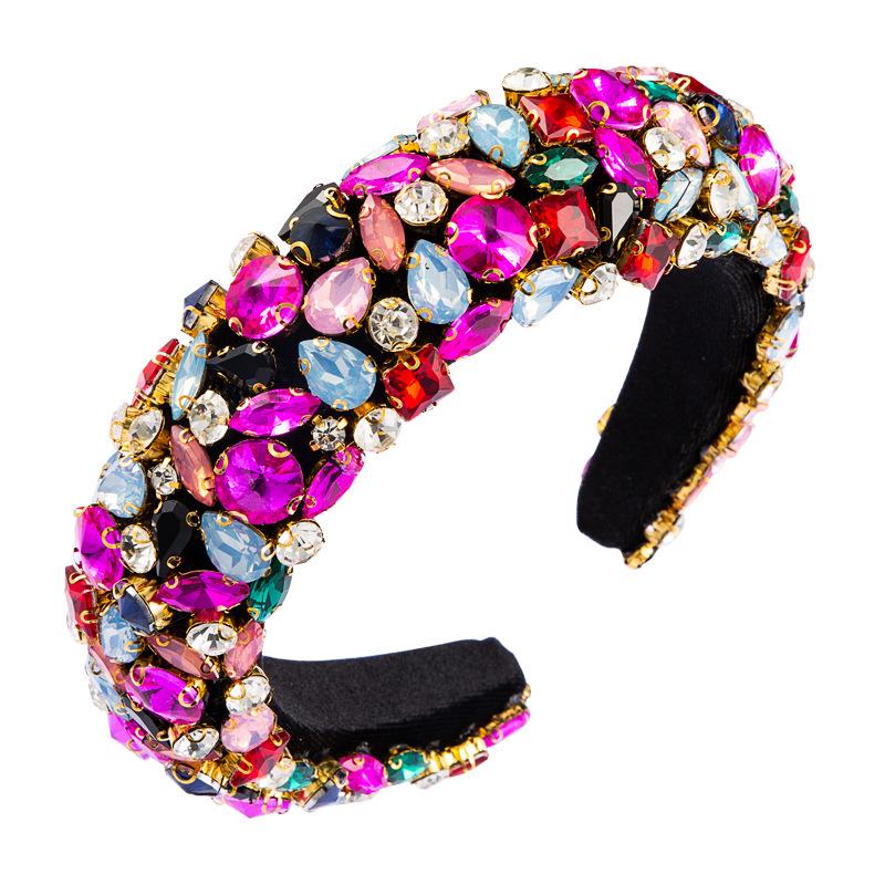 European & American Baroque Rhinestone Geometric Wide Headband - Colorful Thick Sponge Party Headdress