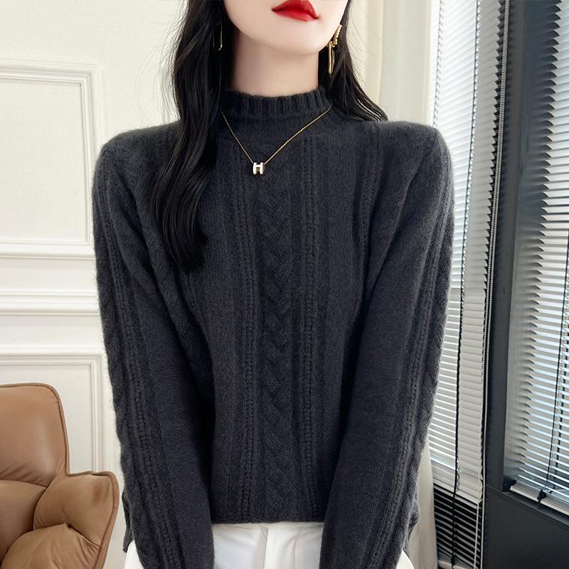 

Autumn/Winter Semi-High Neck Cashmere Cable Knit Sweater - Casual, Warm, Versatile, Loose Fit XL