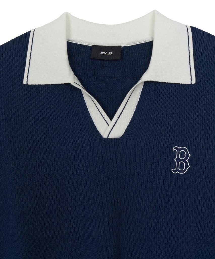Emelbi Varsity Tuck Texture Open Collar Short Sleeve Knit Bos (D.Navy)