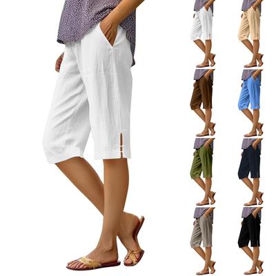 Women's Fashion Color Loose Pocket Elastic Waist Cotton Linen Casual Five Pants