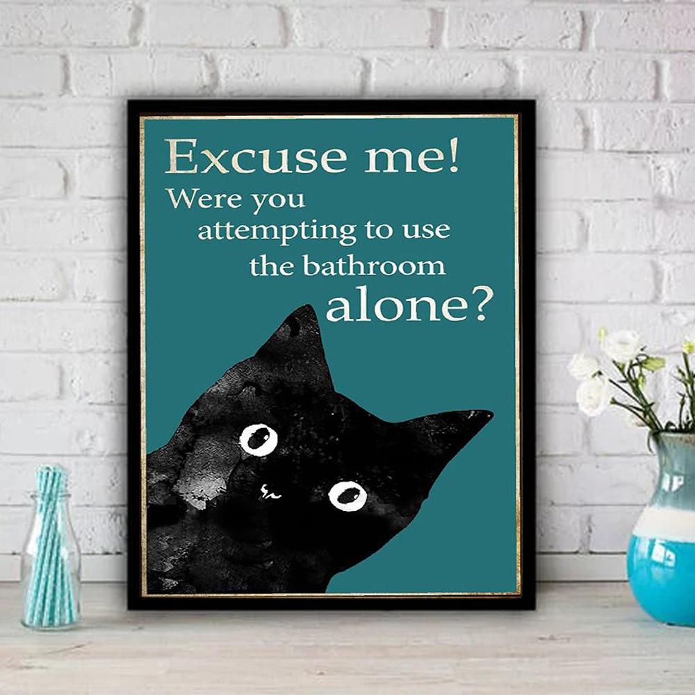 Funny Cat Poster Bathroom Decor Vintage Wall Art Black Animal Excuse Me Quote Retro Canvas Painting Print Room Home Decor