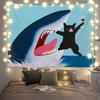 Funny Black Cat Shark Tapestry Sea Ocean Cartoon Art Print Wall Hanging Aesthetic Bedroom Dorm Home Decor