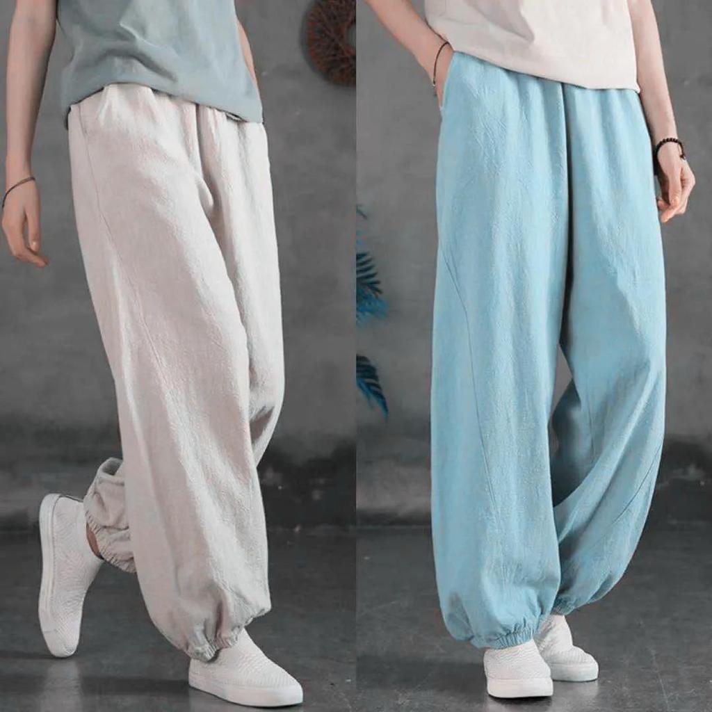 Summer Cotton Linen Literary Vintage Ankle Tie Pants Women's Loose Solid Color Versatile Casual Lantern Long Pants
