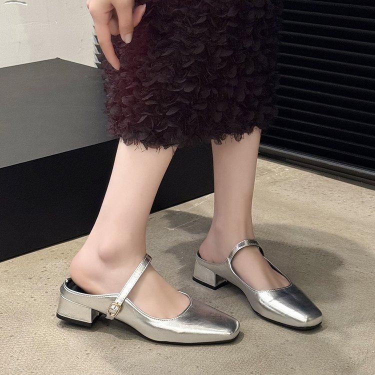 Baotou half slippers women's summer wear 2025 new square head silver Mary Jane shoes French thick heel Muller cool slippers