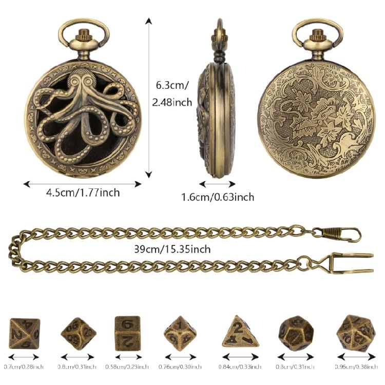 Unique Pocket Watch Case with 7pcs/set Metal Polyhedral Dices Pendant Fob Chain
