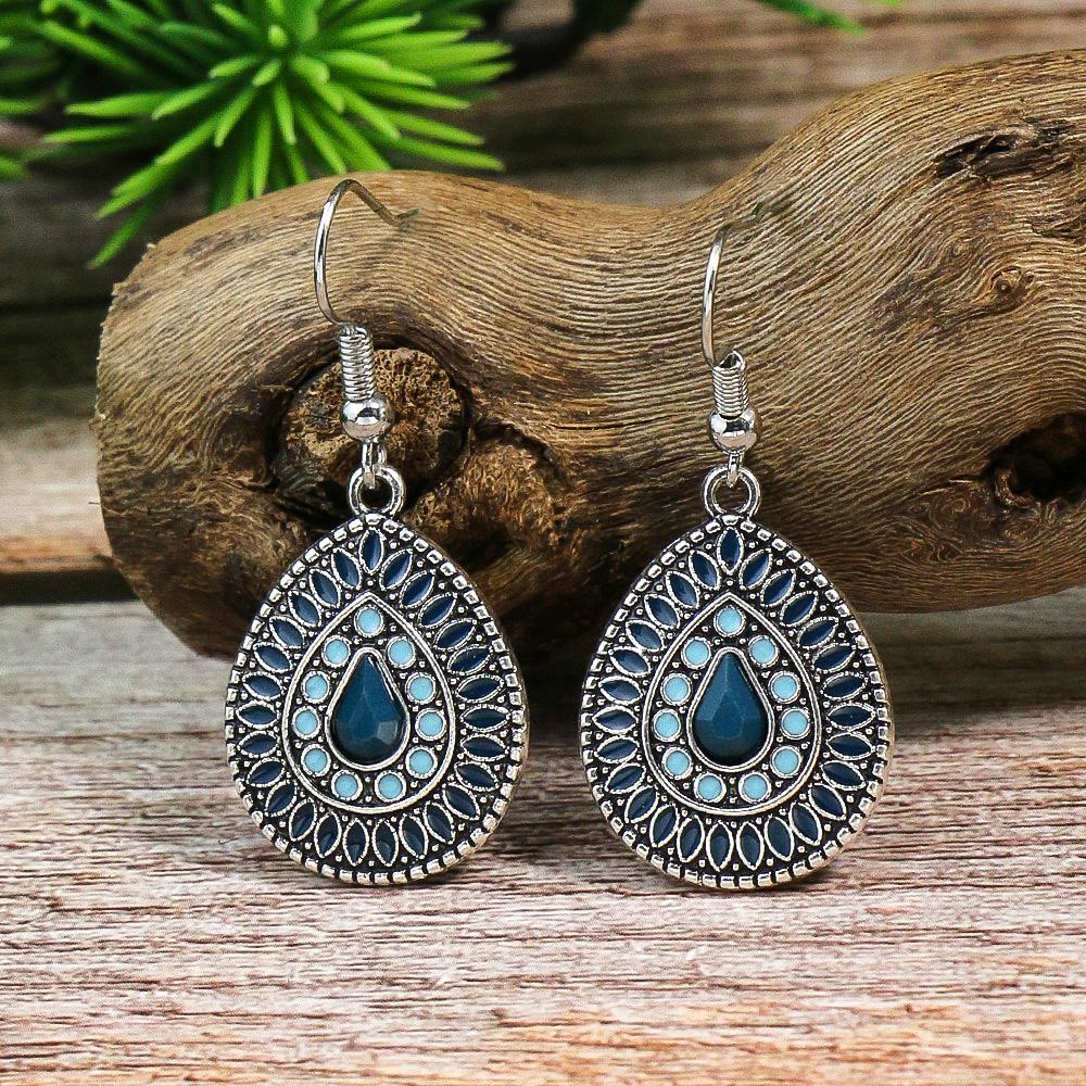 Blue New Alloy Earrings Turquoise Inlaid Bohemian Retro Geometric Round Multi Layered Design Vacation Party Versatile
