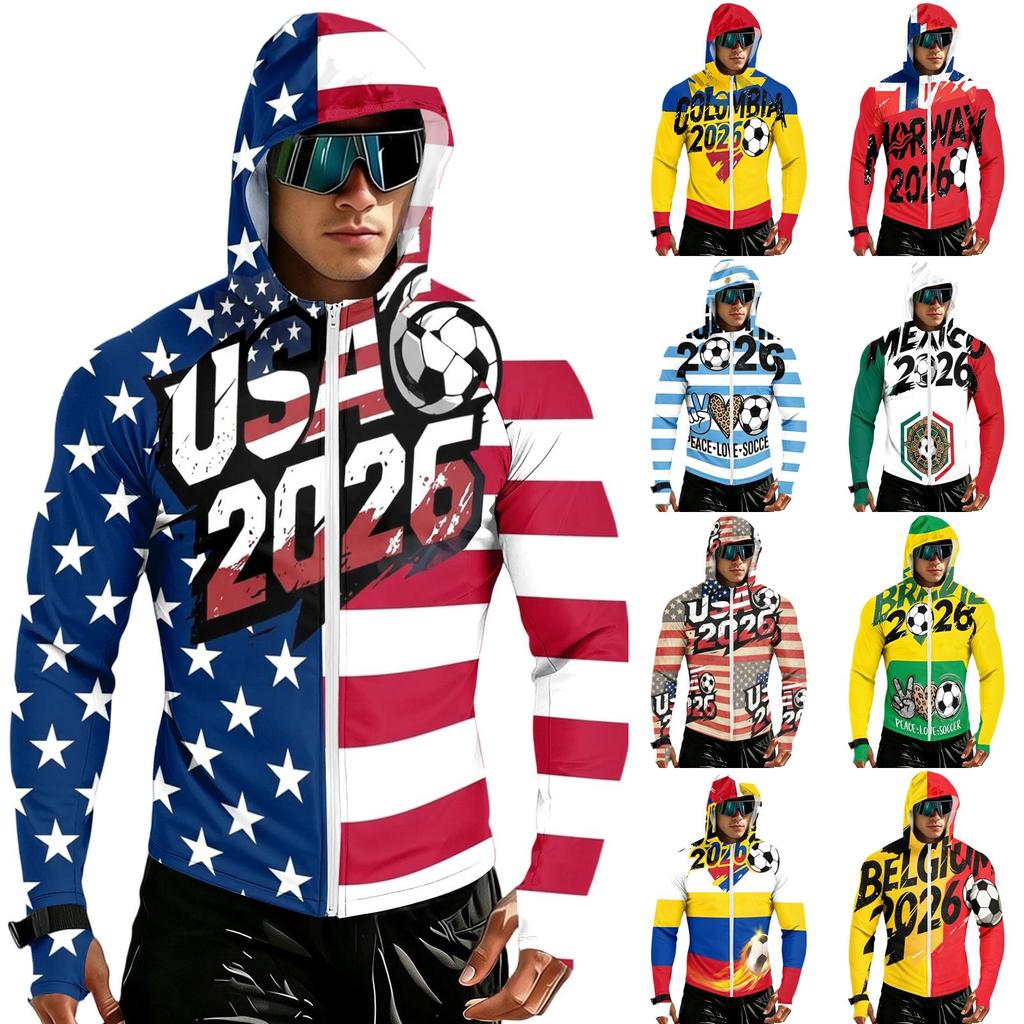 Men's Casual Raglan Sleeve Hooded Long Sleeve Sun Protection Jacket Lightweight Zip Up Soccer Graphic Print Outdoor Windbreaker