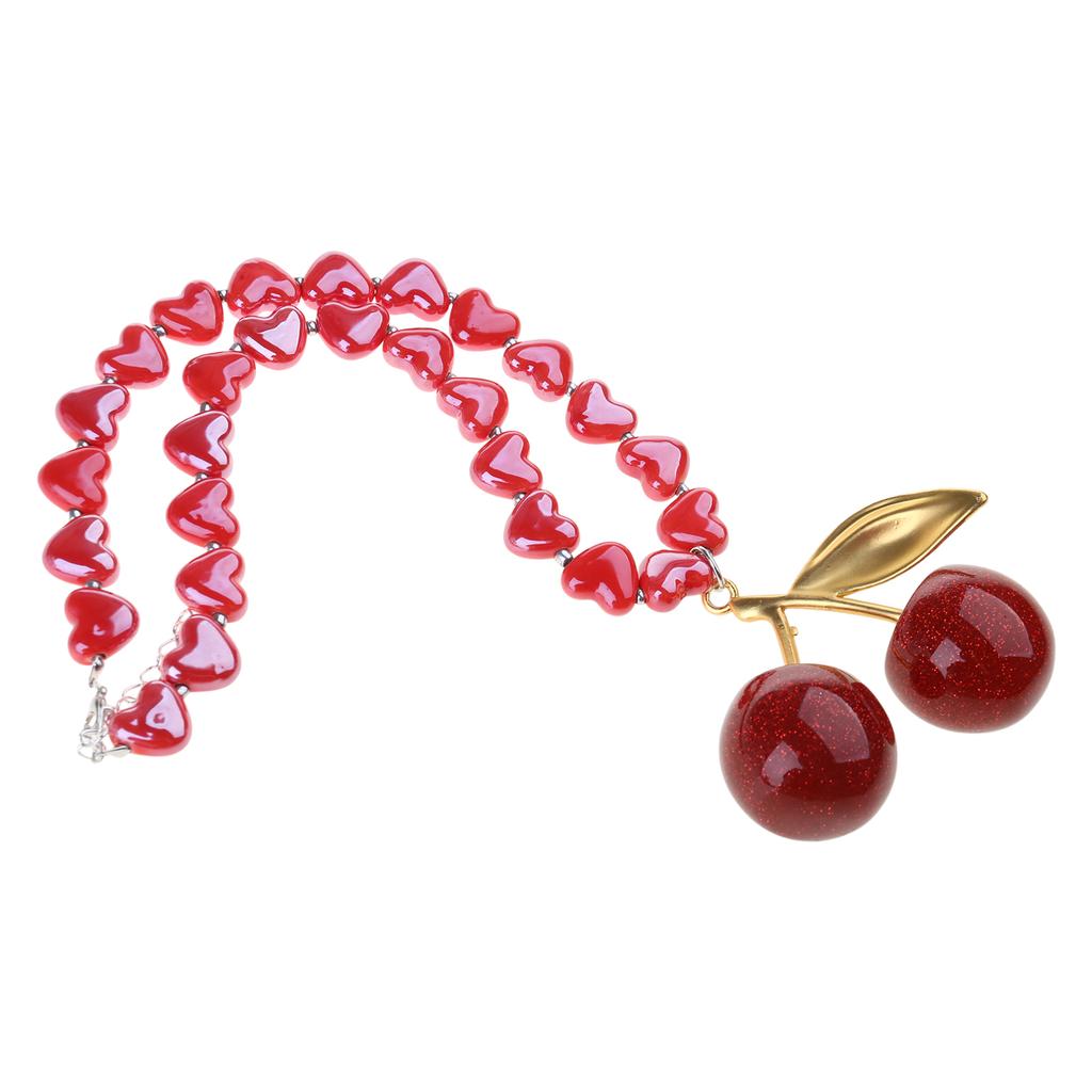 Gemstones Heart Beads Necklace Fruit Pendant Neckchain Cherry Charm Collar Chain Accessory for Dates and Parties