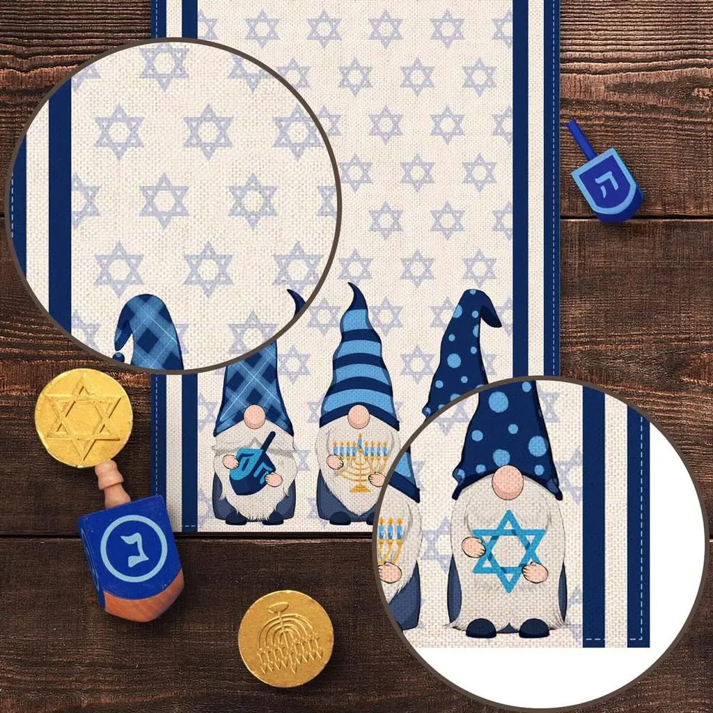 Hanukkah Gnome Linen Table Runner Party Table Decor Chanukah Menorah Star of David Jewish Holiday Table Runners Dining Decor