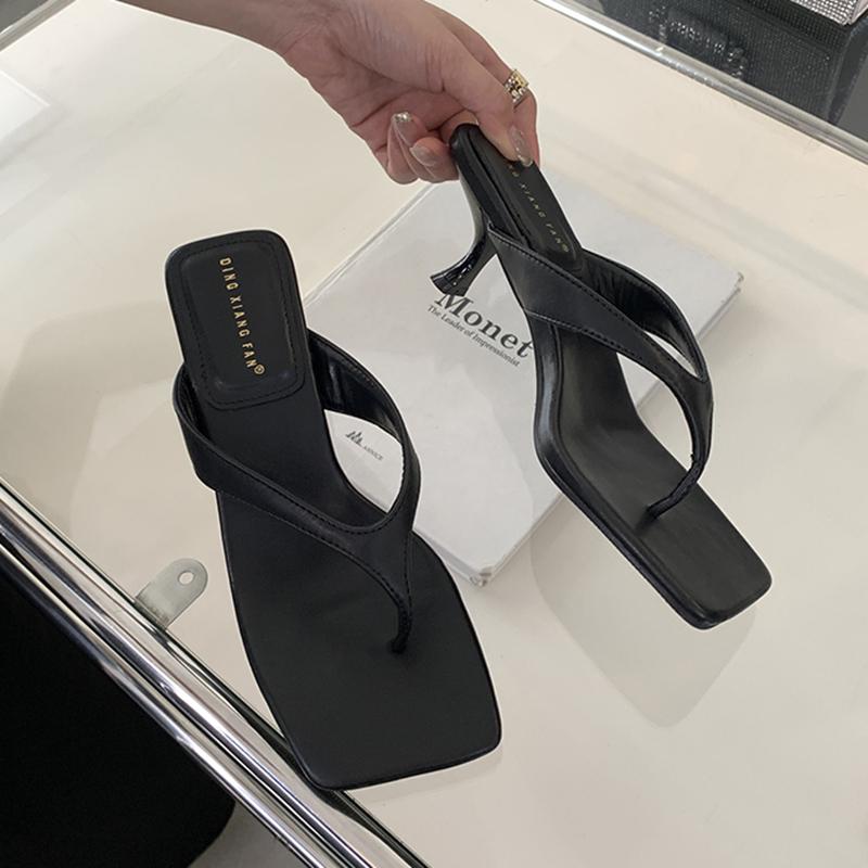 

Fashion 2025 Summer New Brand Women Slipper Fashion Narrow Band Slip On Flip Flop Thin High Heel Outdoor Dress Slides Vacation Sandals 35 чёрный