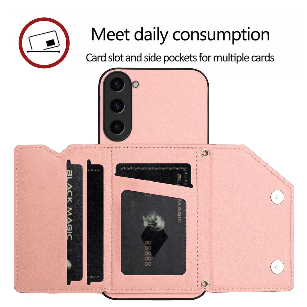 For Samsung Galaxy S23 Case Card Holder Kickstand Skin-Touch Phone Cover with Wrist Strap