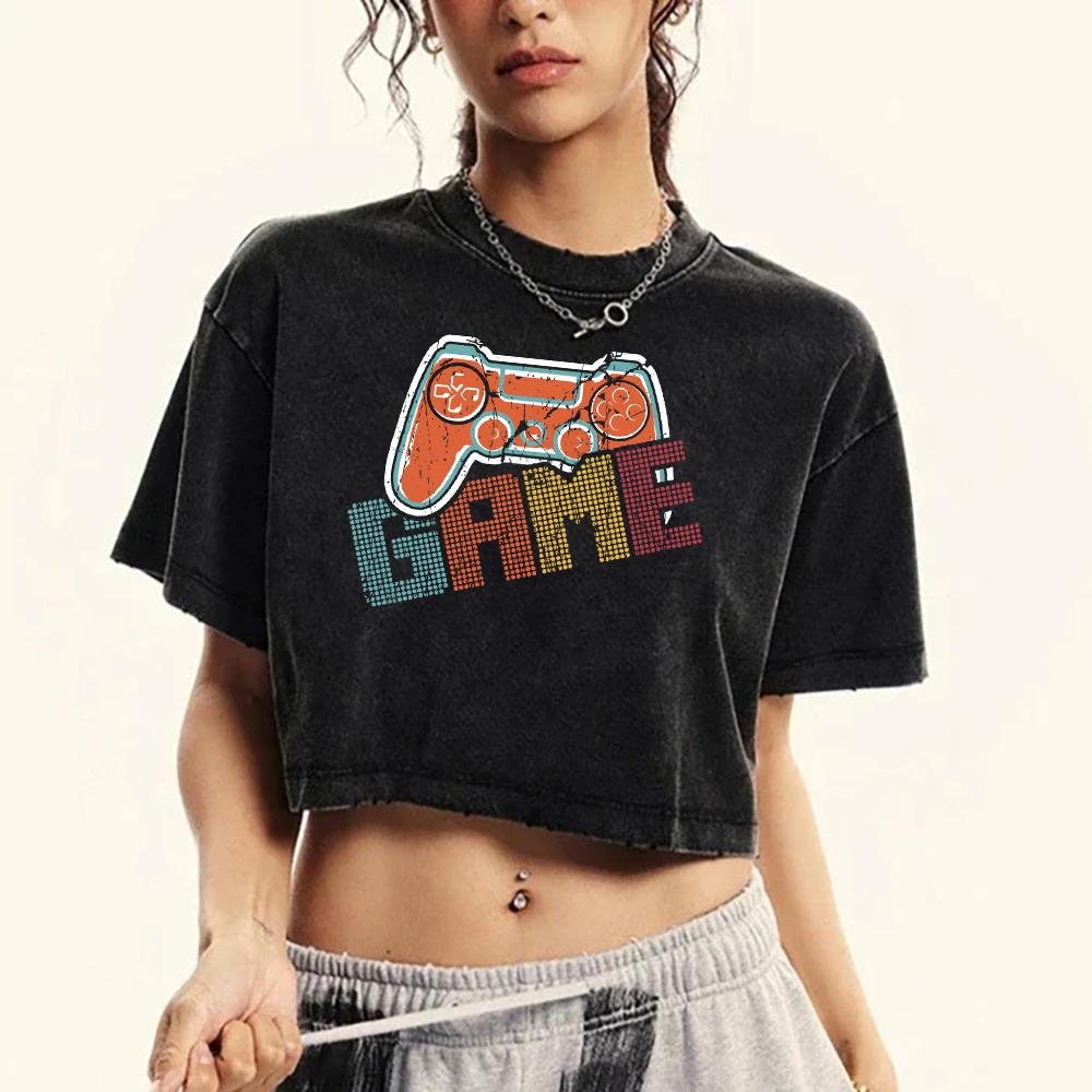 Game Console Creative Printing Women Washed T Shirt Street Retro Tee Top Casual Short Sleeve Cotton T-Shirts