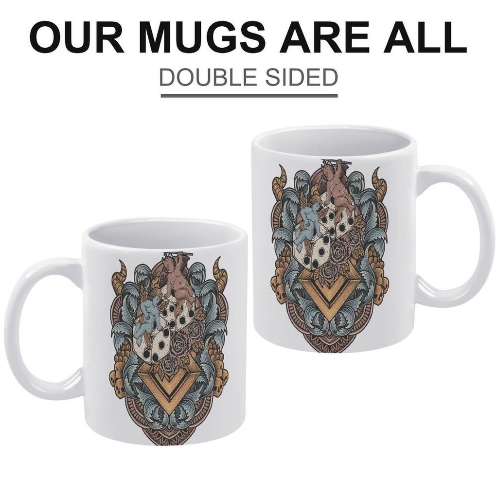 11oz White Ceramic Cup with Smooth Surface and Printed Sides, Heat-Resistant for Everyday Tea, Cocoa and Coffee Break