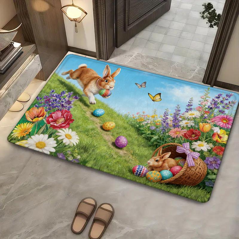 1pc Comfortable Soft Non-Slip Entry Mat, Machine Washable Low-Pile Carpet for Home Use. This 2D Printed Mat Features Easter Decorations with Playful R