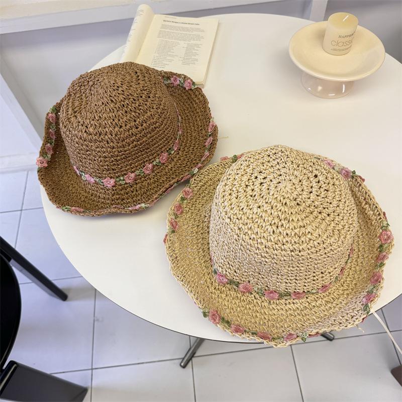 Korean Fashion Straw Hat Womens Summer Sun Hats Sweet Floral Wide Brim Sunscreen Bucket Caps Female UV Protection Beach Cap