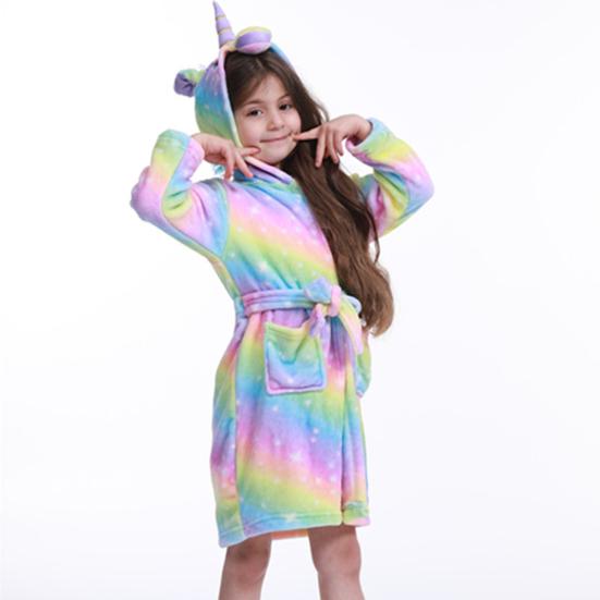 Cute Kids Boys Girls Unicorn Long Sleeve Hooded Pocket Sash Bathrobe