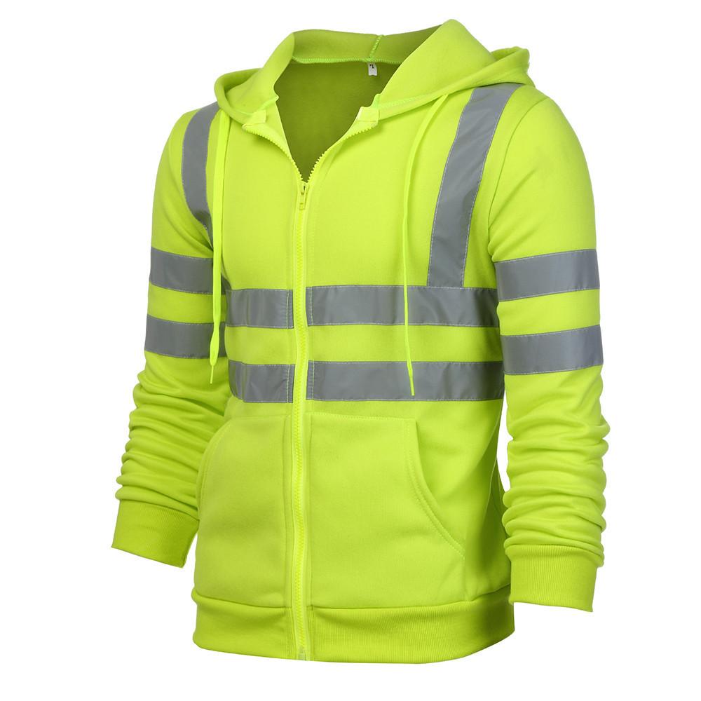 Fleece-lined Outdoor Sanitation Workwear Men's High Visibility Reflective Strip Zipper Hooded Sweatshirts