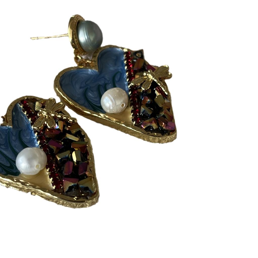 Naturperlen-Ölgemälde Liebesohrringe Damen Retro Persönlichkeit Hofstil Französische Stecker Ohrringe Übertriebene Nationalstil Temperament Ohrringe